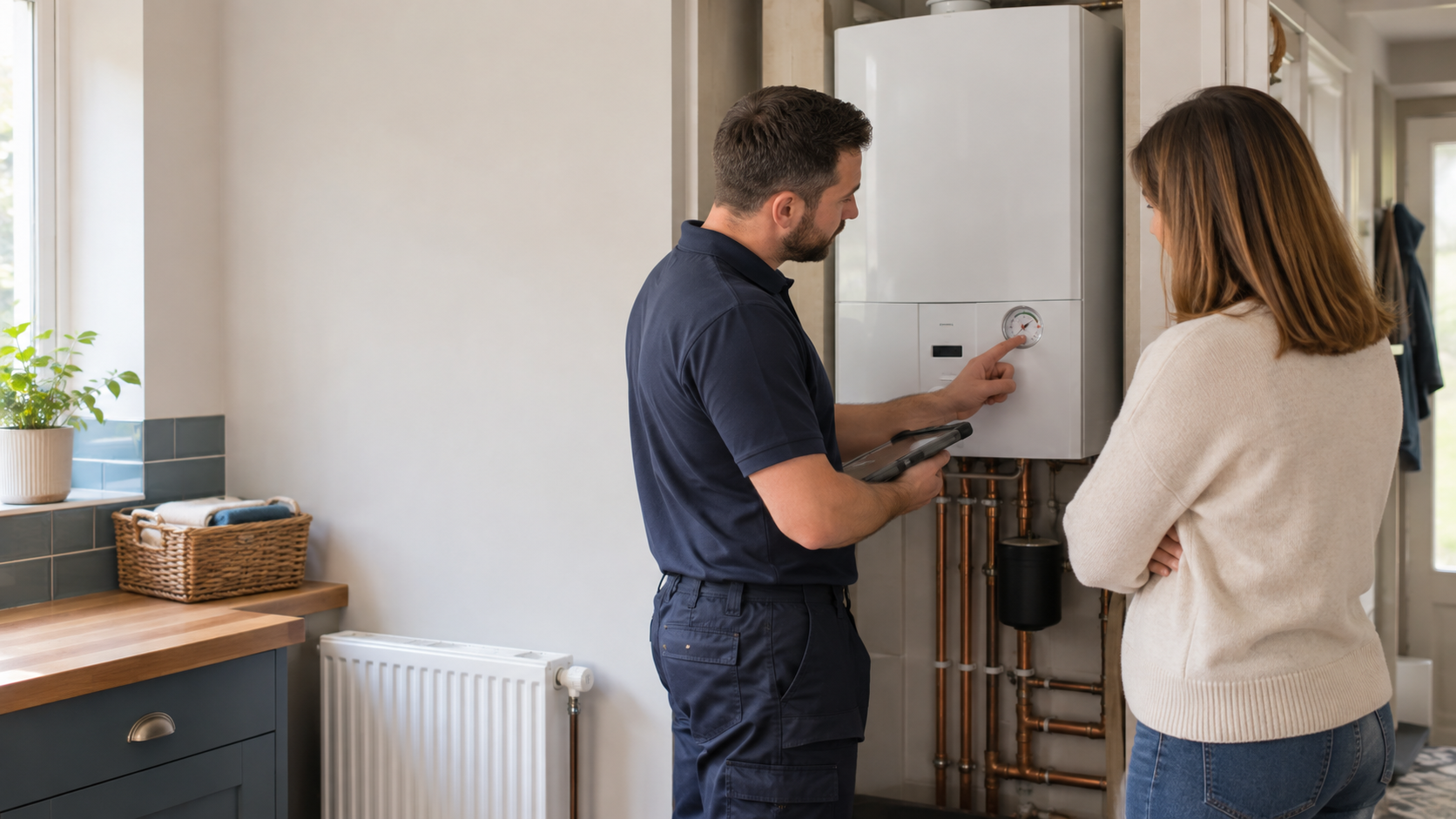 Heating engineer explaining a boiler pressure problem to a homeowner in a North East home
