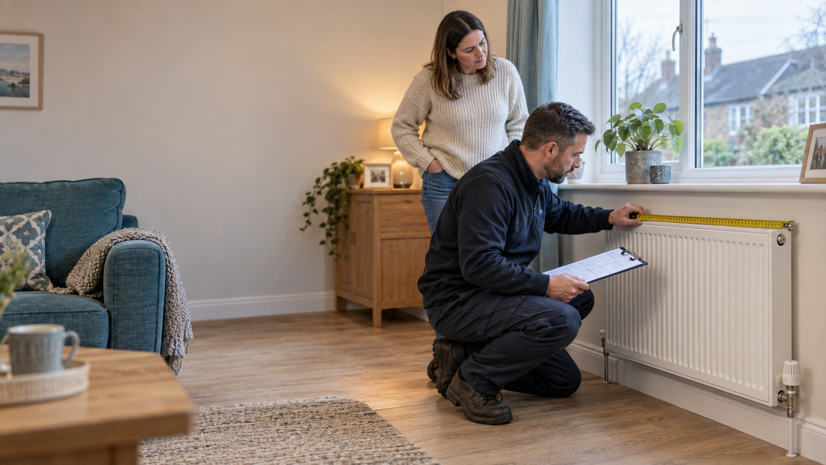 Heating designer assessing an existing radiator for a heat pump in a North East home
