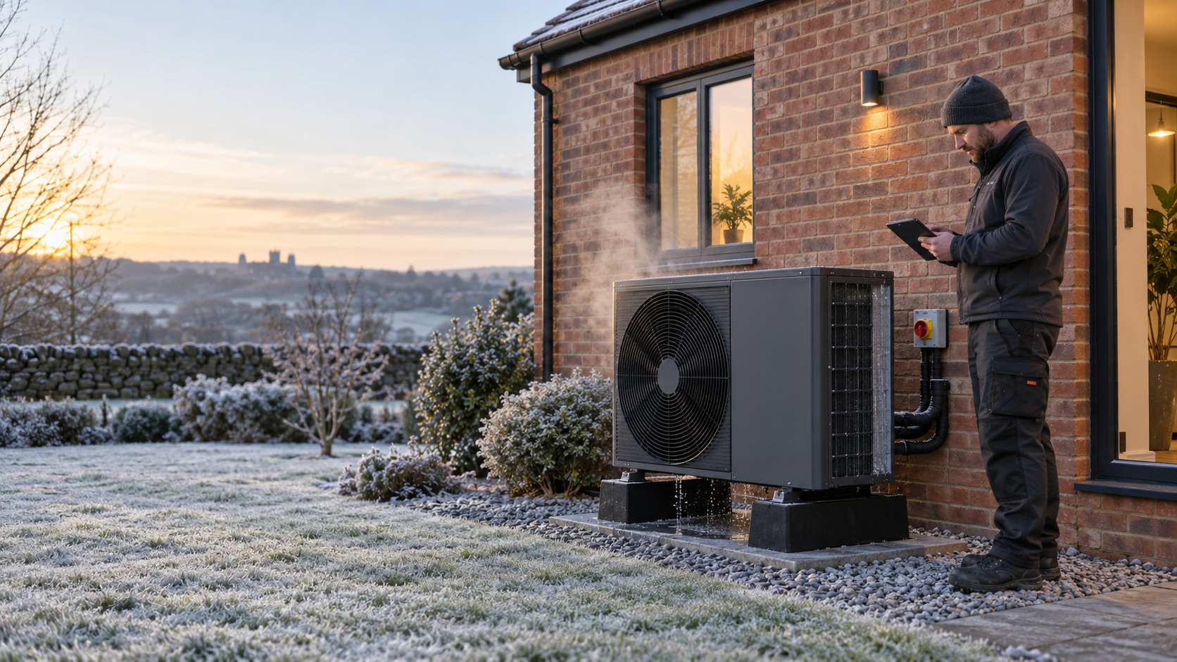 Featured image alt text: Heating designer reviewing air source heat pump sizing with a homeowner in a North East home