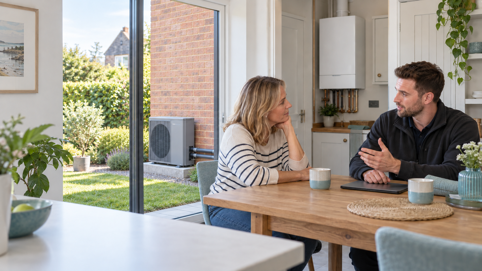 Heating designer comparing an air source heat pump and gas boiler with a North East homeowner