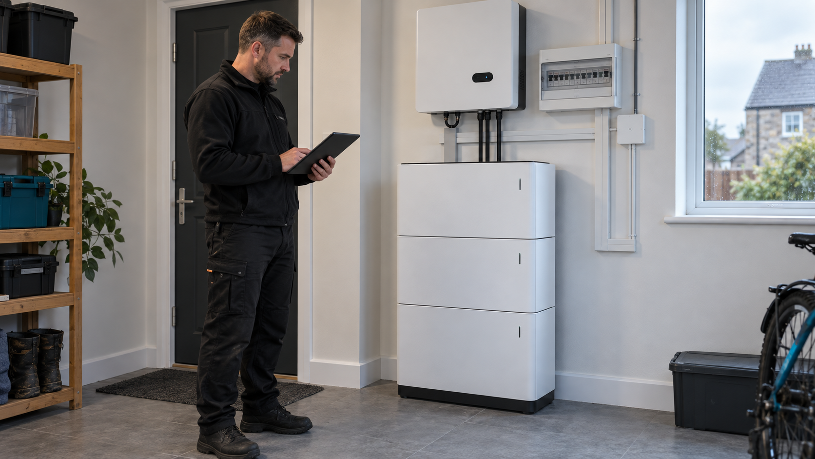 Renewable energy engineer assessing a modular home battery system in a North East utility room
